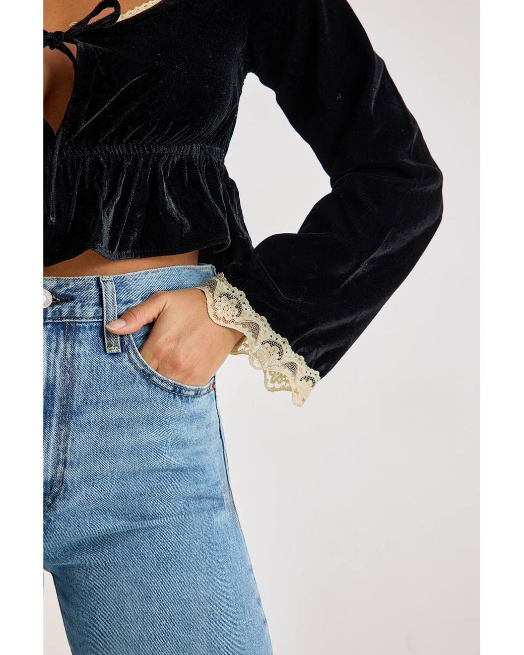 Nasty Gal Blue Velvet Lace Trim Tie Front Long Sleeve Top