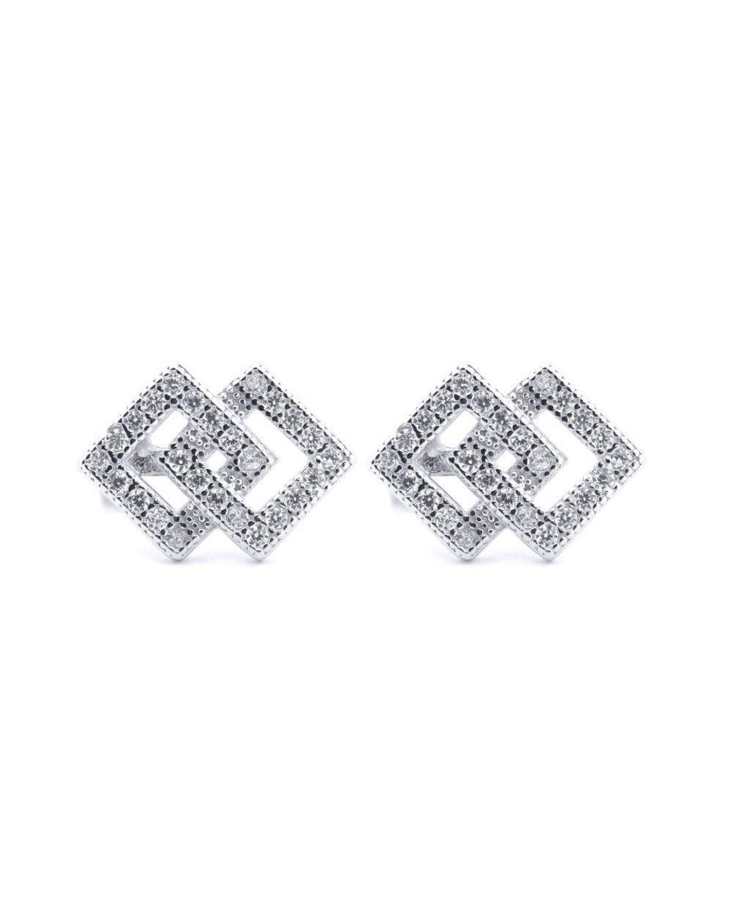 Jewelco London Metallic Round Cz Interlocking Squares "Copy" Icon Stud Earrings