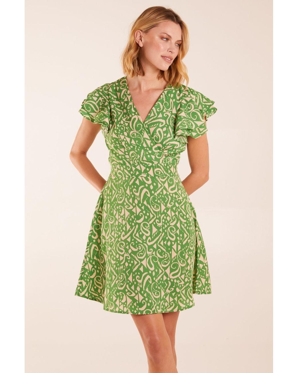 Blue Vanilla Green Aztec Wrap Ruffle Frill Sleeve Mini Dress