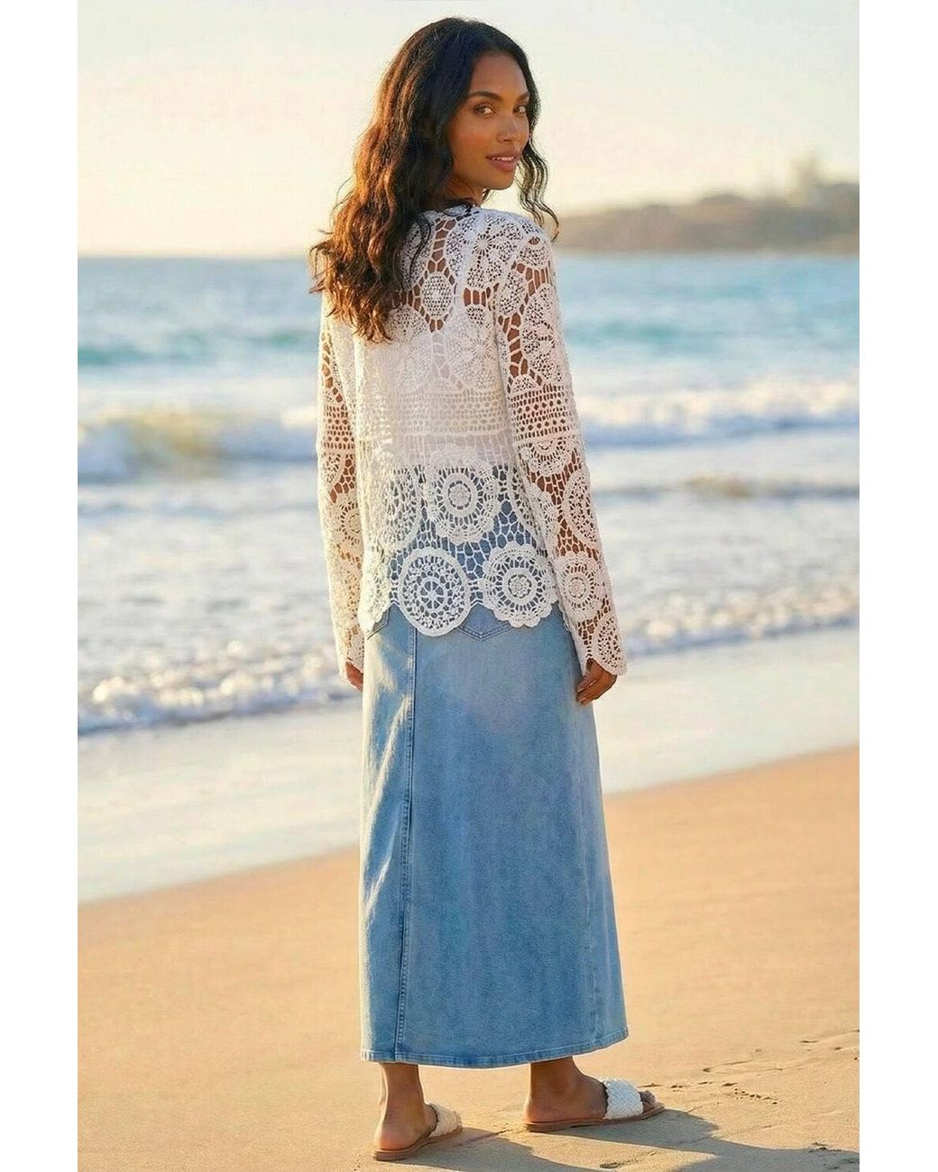 Roman White Crochet Tie Front Knit Cardigan