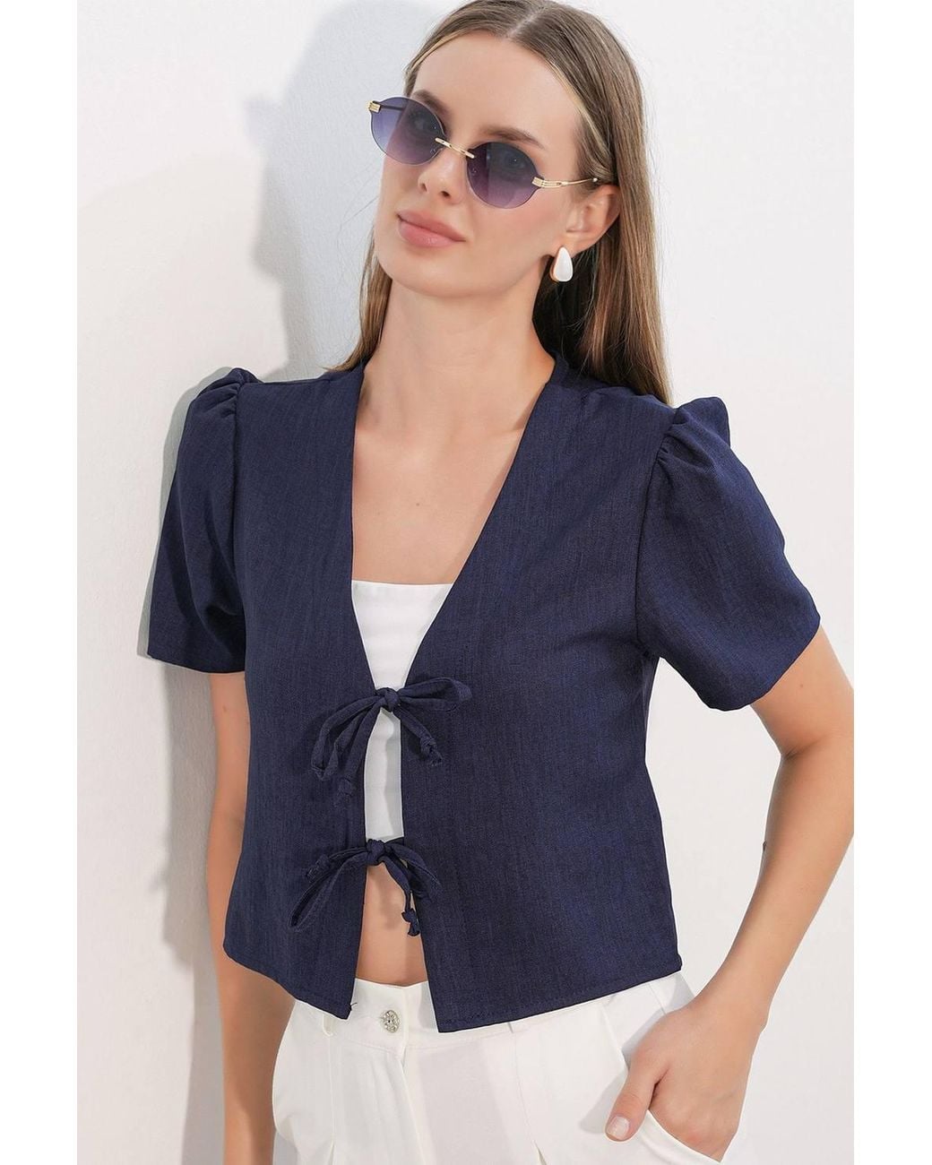 Bigdart Blue Textured V-Neck Linen Blend Crop Top