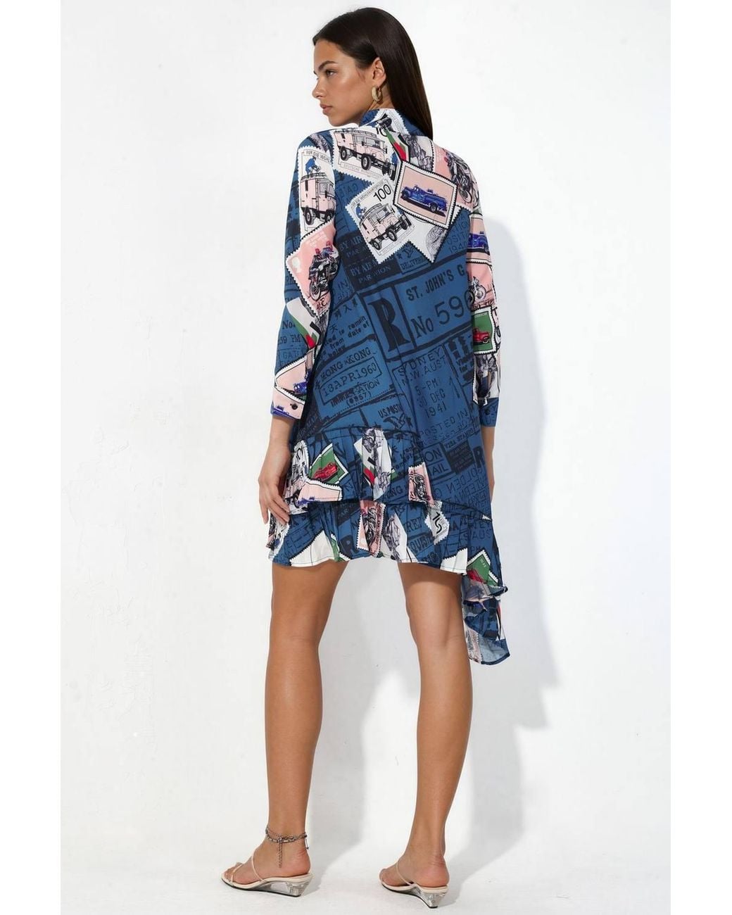 Msn-Collection Blue Long Sleeve Chiffon Mini Shirt Dress