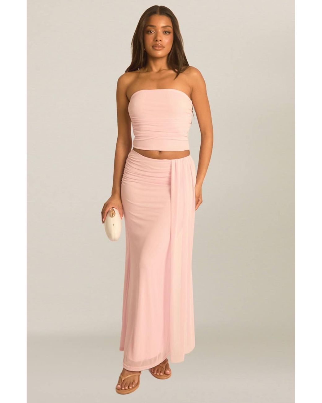Rebellious Fashion Natural Mesh Bandeau Top & Maxi Skirt Co-Ord Set