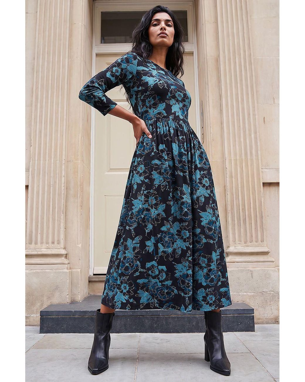 Roman Blue Floral Print Gathered Stretch Midi Dress