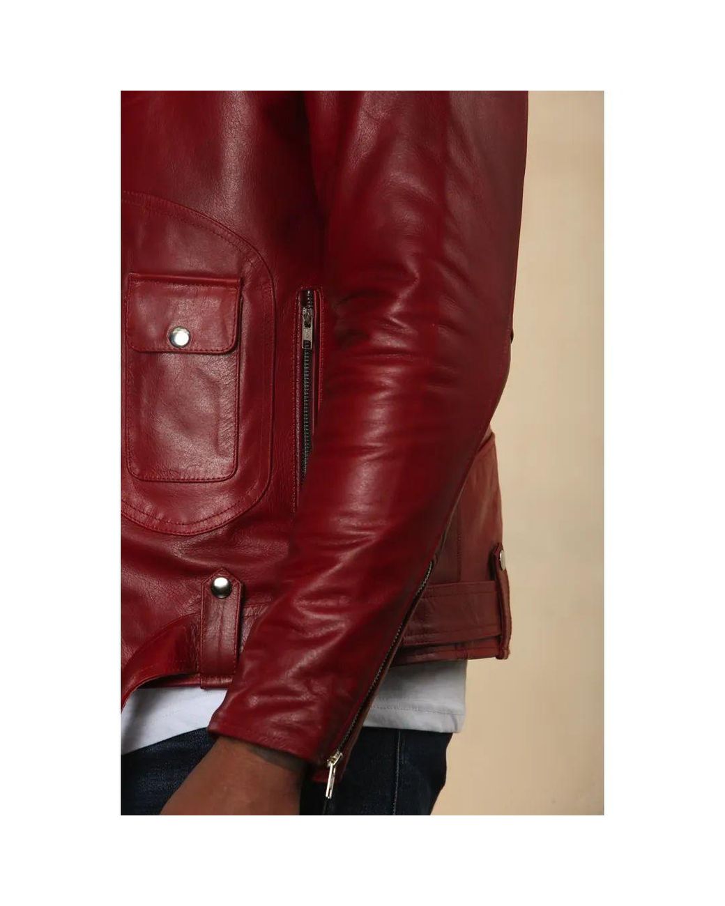 TruClothing Red Cow Hide Biker Brando Cross Zip Leather Jacket for men