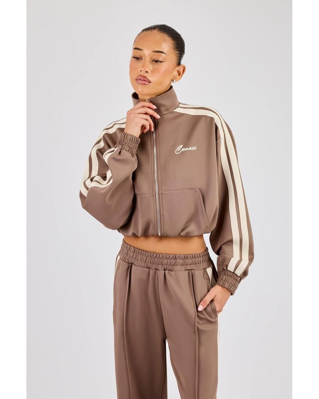 CERNUCCI Brown Taping Cropped Funnel Neck Jacket