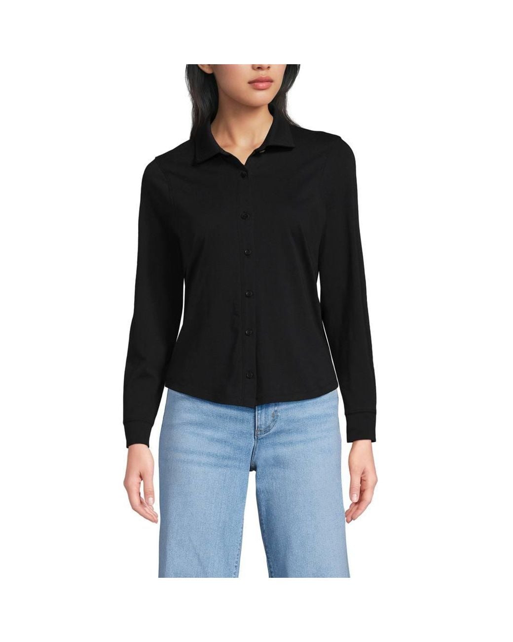 Lands' End Black Long Sleeve Supima Cotton Buttonfront Top