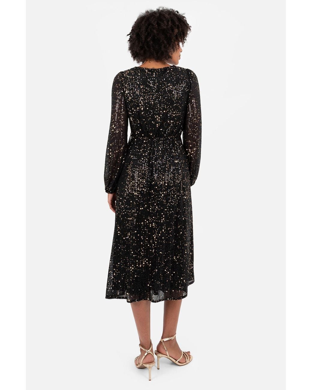 Lovedrobe Black Sequin Faux Wrap Long Sleeve Midi Dress