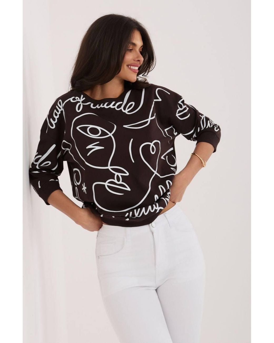 Love Lace Black Cotton Printed Round Neck 3/4 Sleeve Blouse