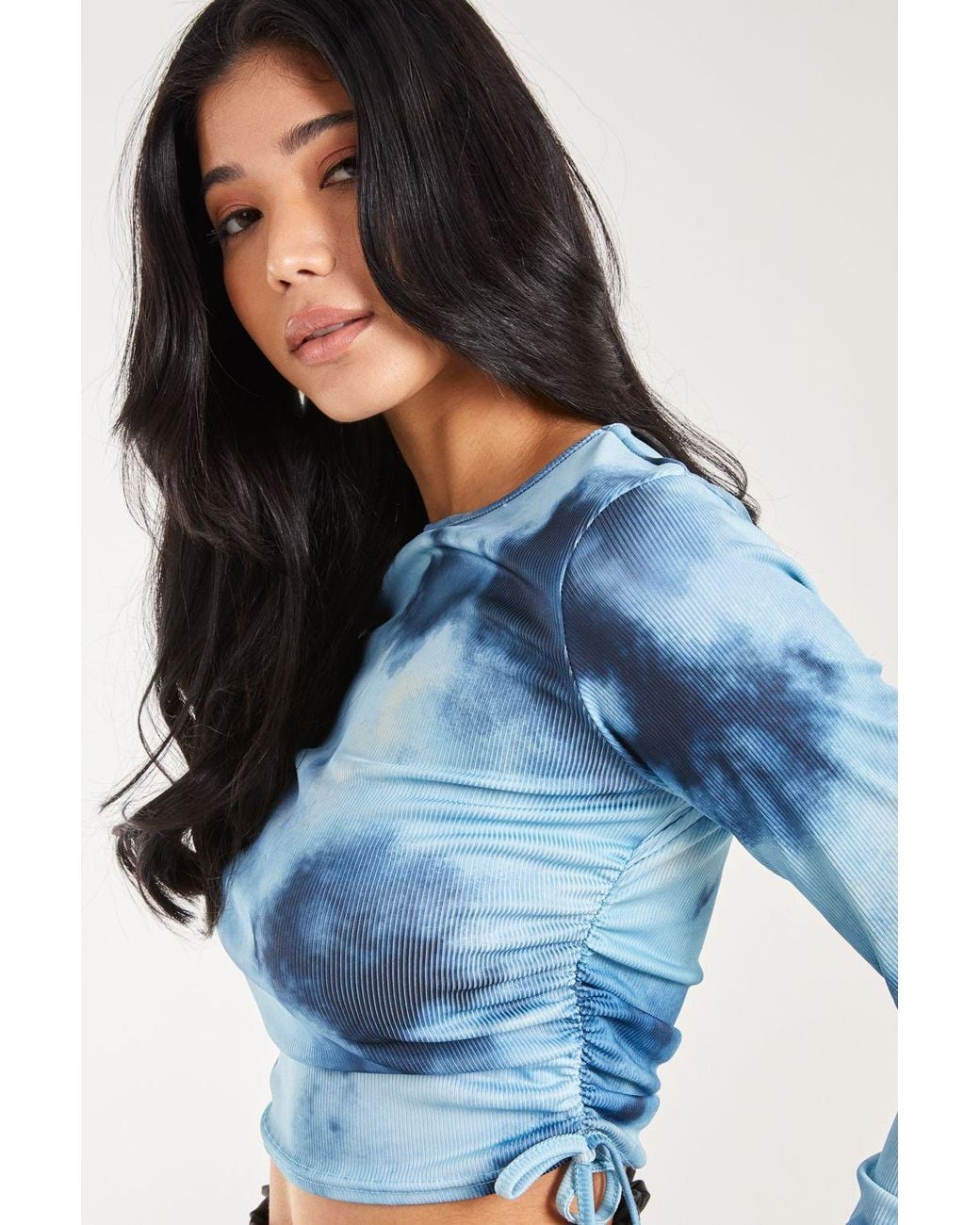 Pink Vanilla Blue Tie Dye Print Long Sleeve Rib Top