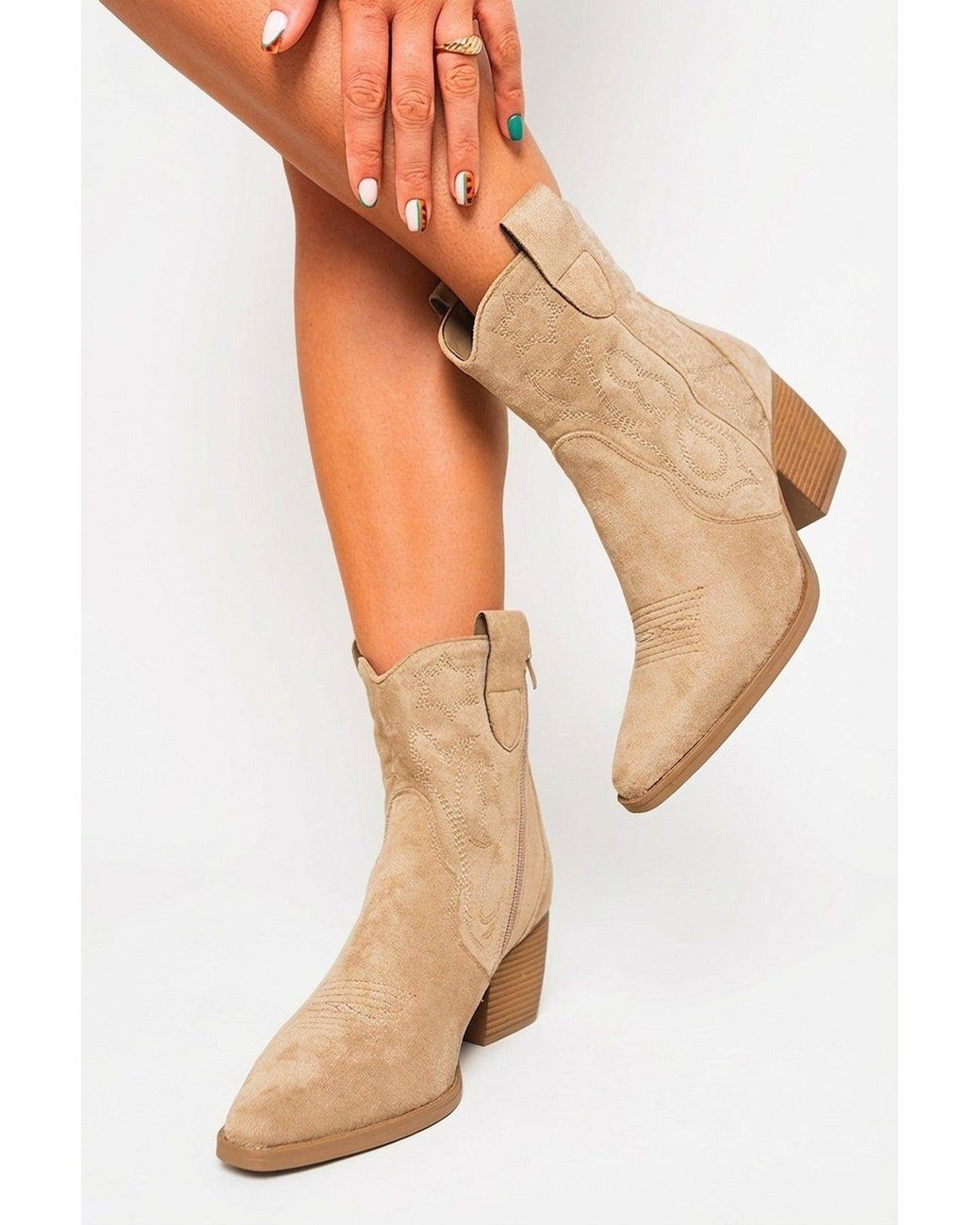IKRUSH Natural Laura Faux Suede Cowboy Ankle Length Boots With Block Heel