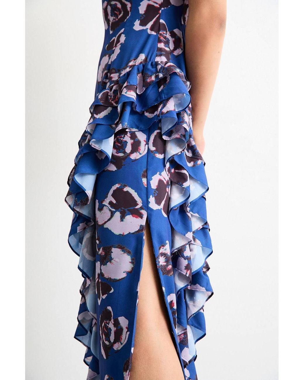 Warehouse Blue Side Split Ruffle Detail Maxi Dress