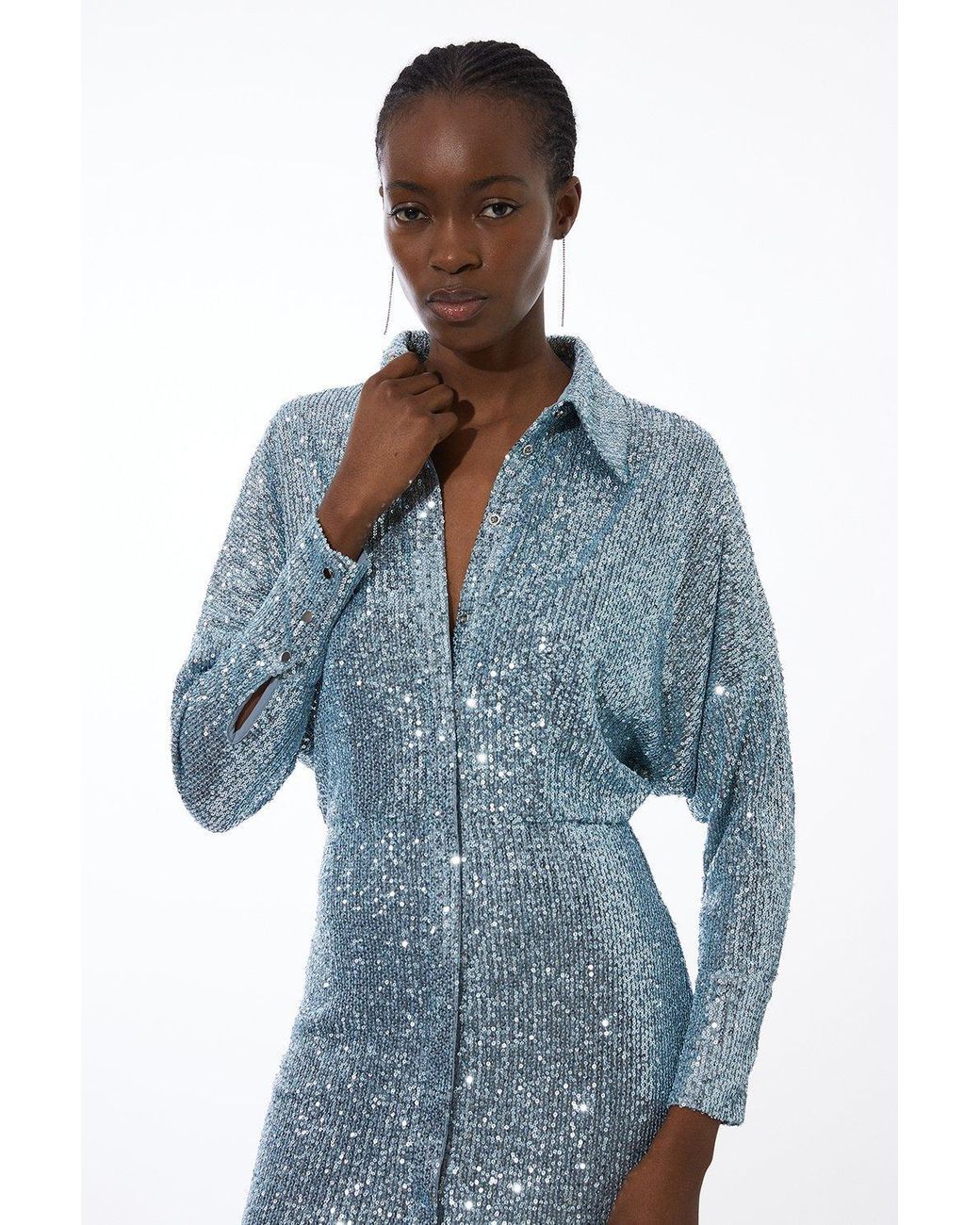 Karen Millen Tall Stretch Jersey Sequin Shirt Maxi Dress in Blue