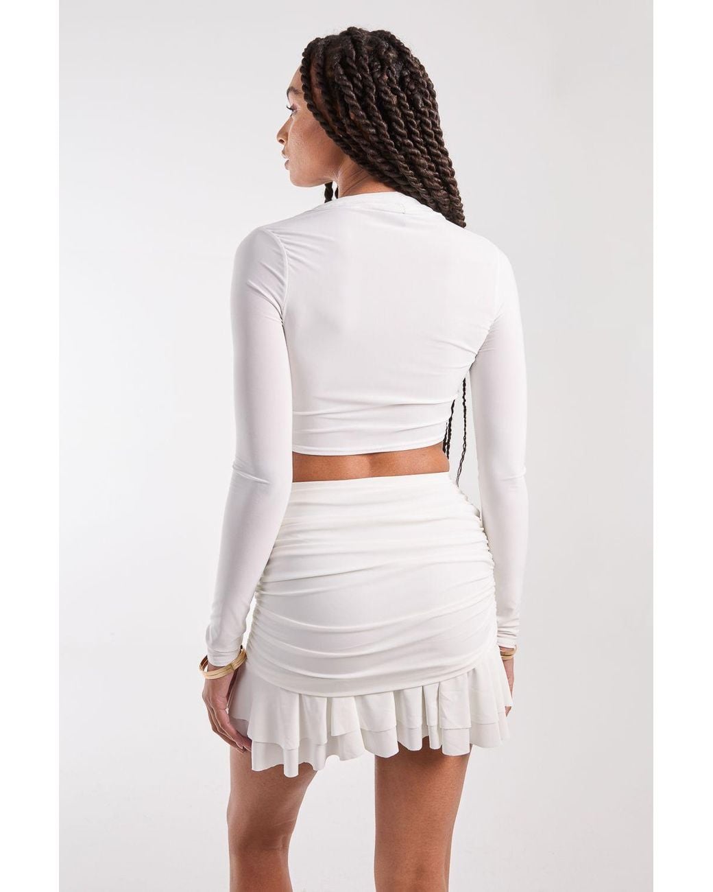 Pink Vanilla White Long Sleeve Slinky Ruffle Top