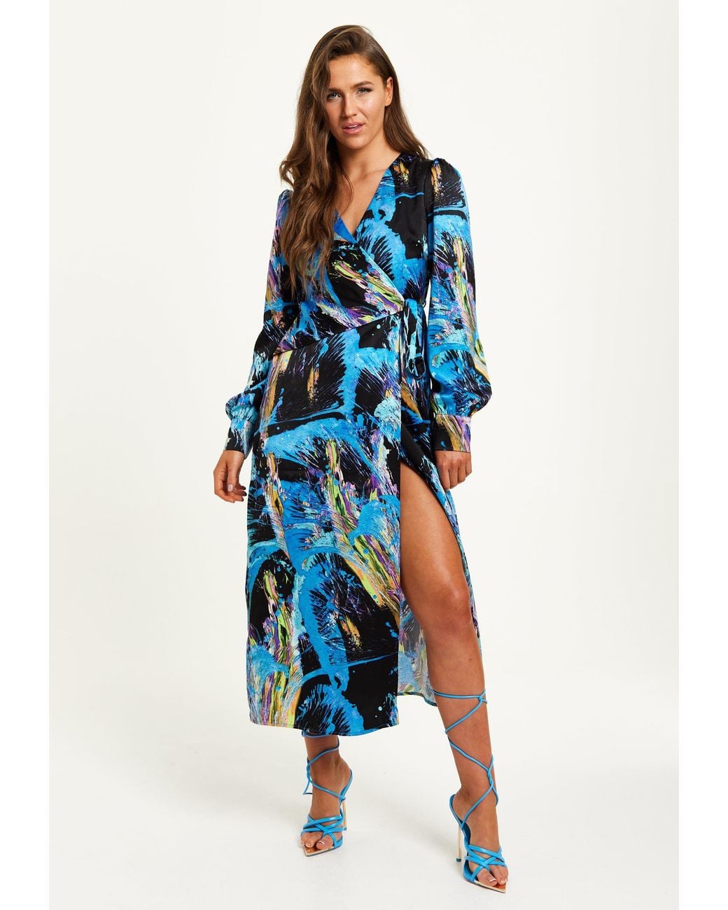 Liquorish Blue Multicolour Abstract Print Midi Wrap Dress With Long Sleeves