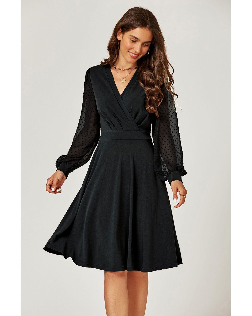 FS Collection Black V Neck Midi Dress With Sheer Long Sleeve