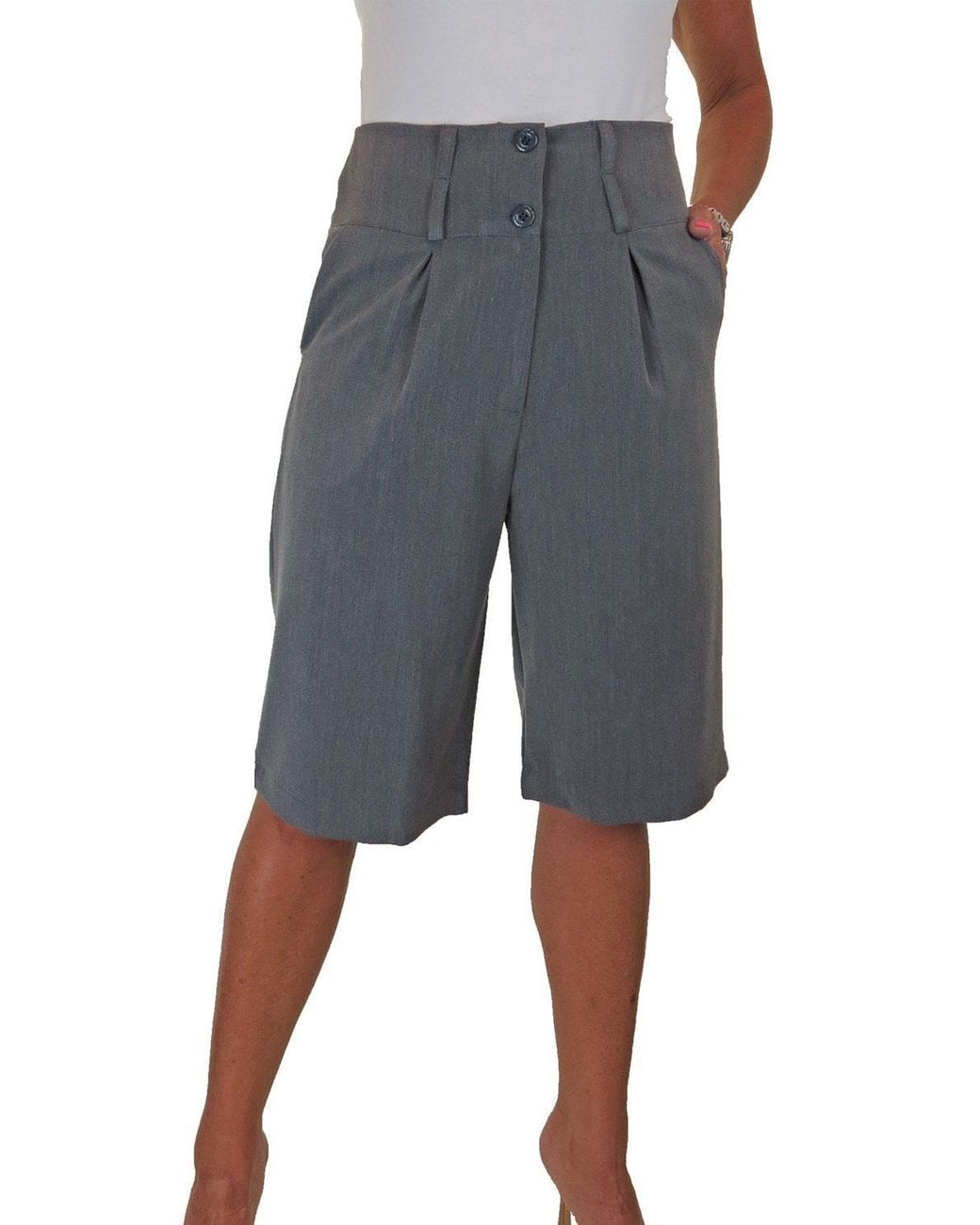 Paulo Due Gray Tailored Wide Leg Knee Shorts