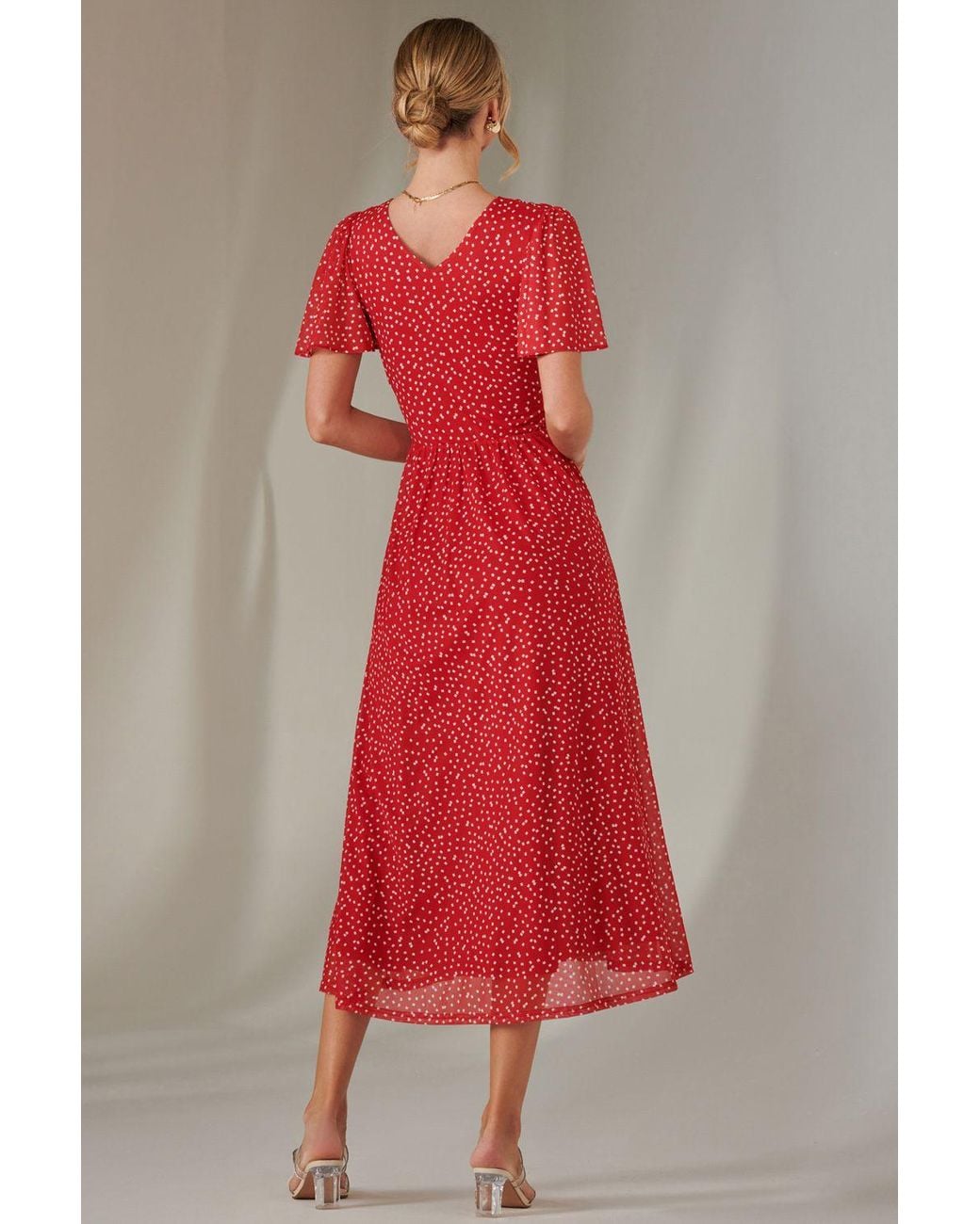 Jolie Moi Red Angel Sleeve Wrap Bodice Mesh Maxi Dress