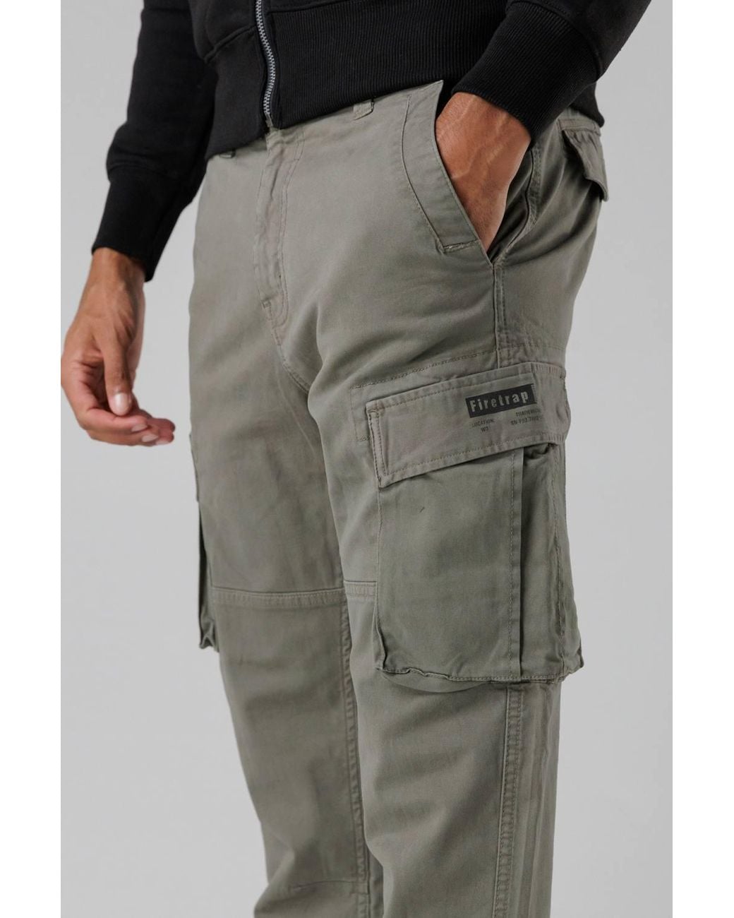 Firetrap Black Cotton Stretch Utility Cargo Trousers With Oversized Pockets for men
