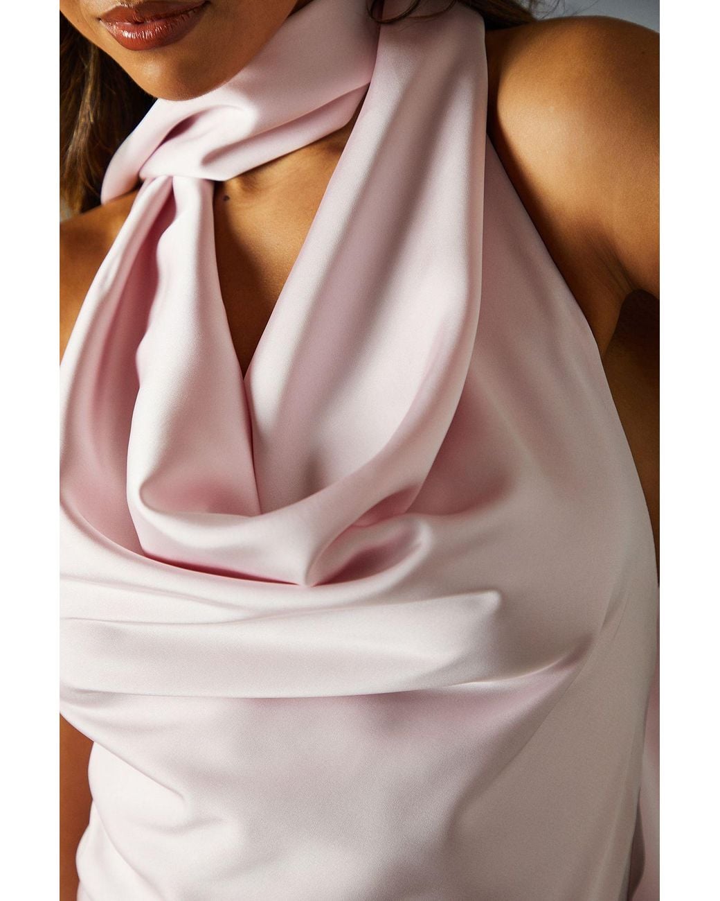 MissPap Pink Satin Cowl Wrap Neck Maxi Dress