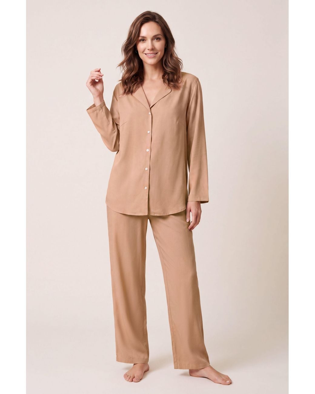 Enorsia Brown Soft Touch Button Through Shirt & Trouser Pyjama Set
