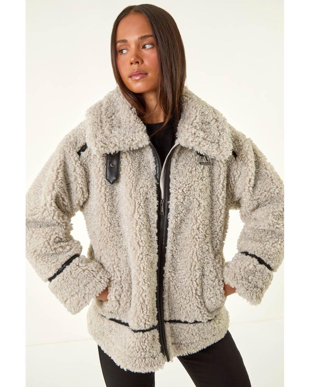 Roman Natural Petite Borg Contrast Aviator Coat