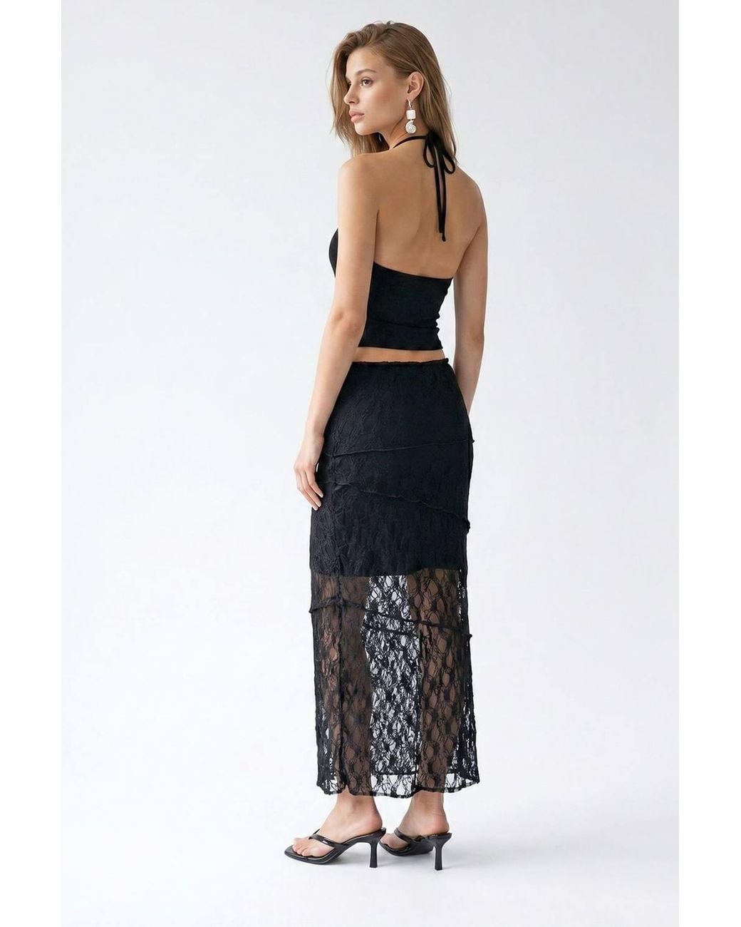 MixRay Blue High Waist Lace Midi Skirt