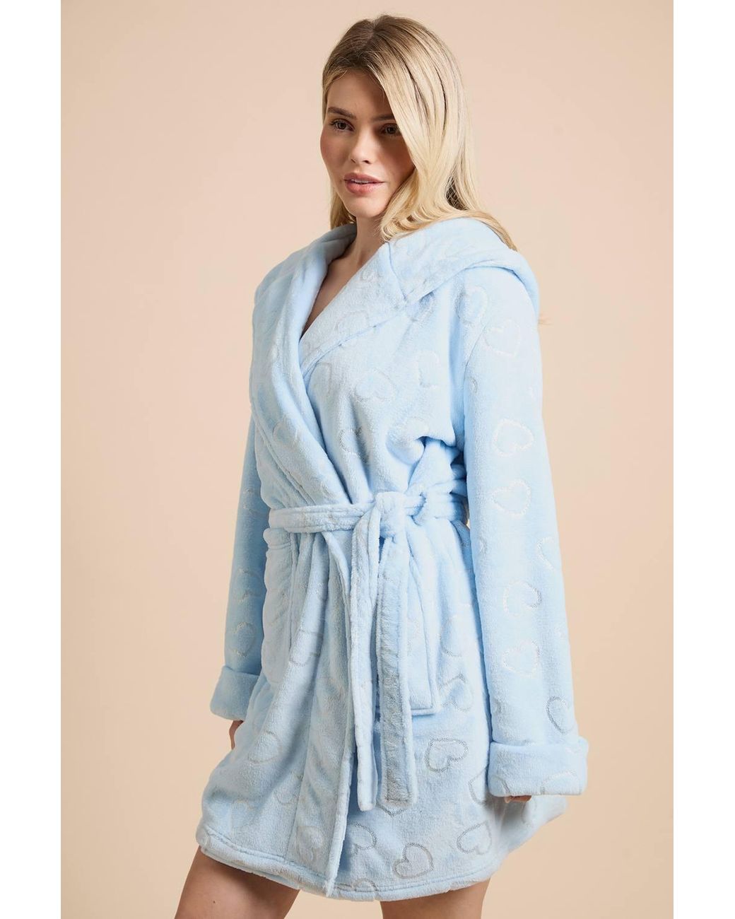 Dorothy Perkins Blue Foil Heart Velour Hooded Short Dressing Gown