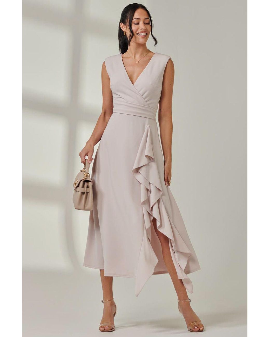 Jolie Moi Natural Wrap Front Frill Detail Maxi Dress