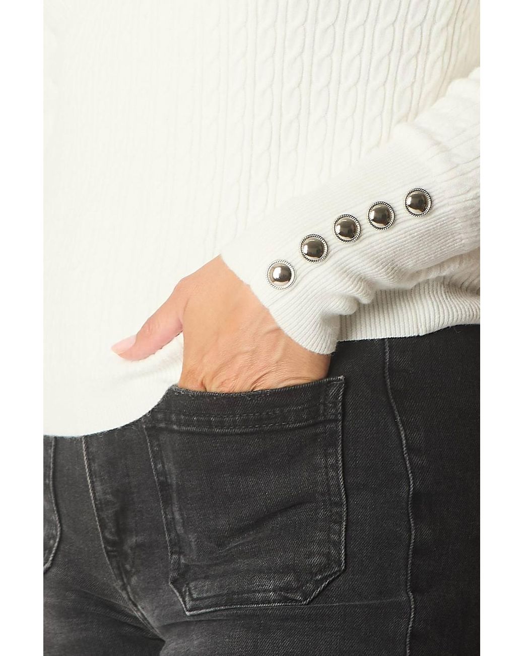 Solo White Cable Knit Quarter-Zip Sweater With Button Cuff Detail
