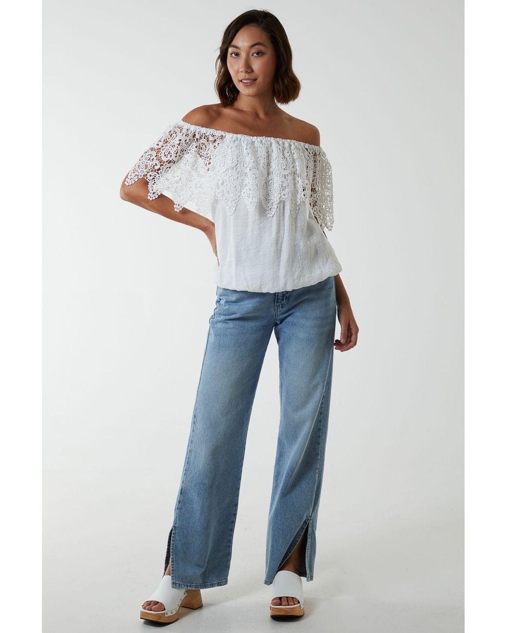 Blue Vanilla White Crochet Lace Puffball Top