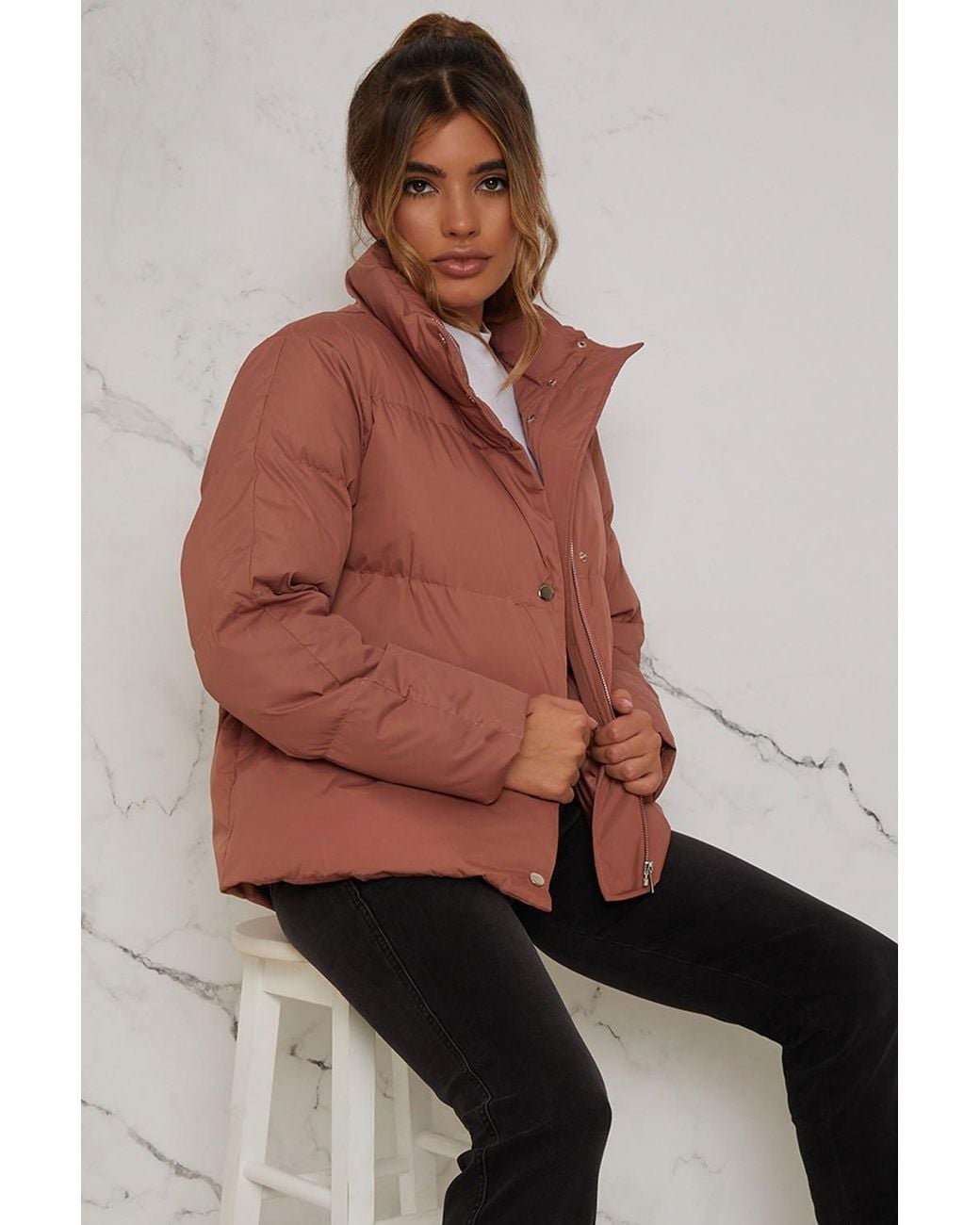 Chi Chi London Brown Cropped Padded Puffer Coat