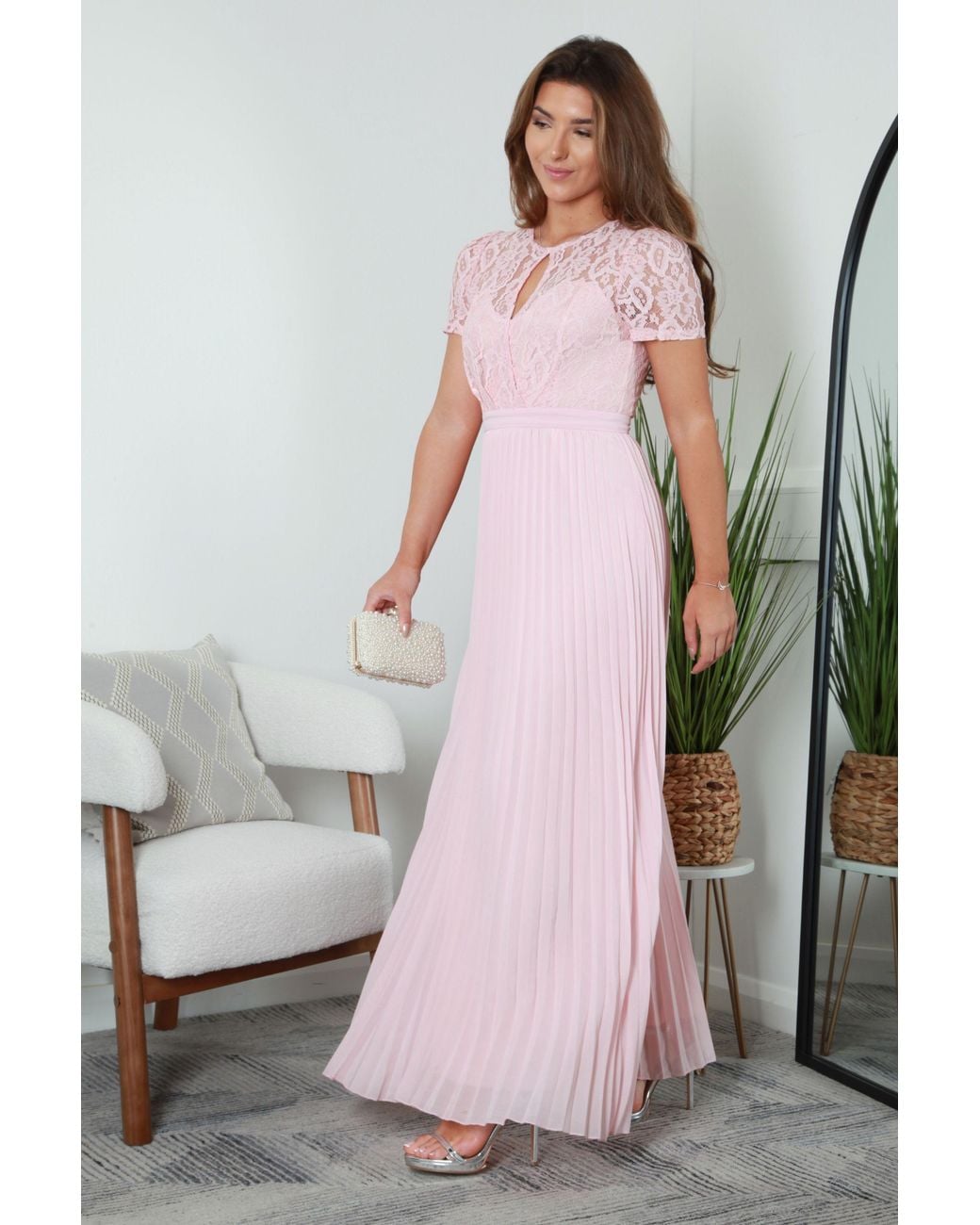 Double Second Pink Lace Keyhole Pleated Maxi Dress
