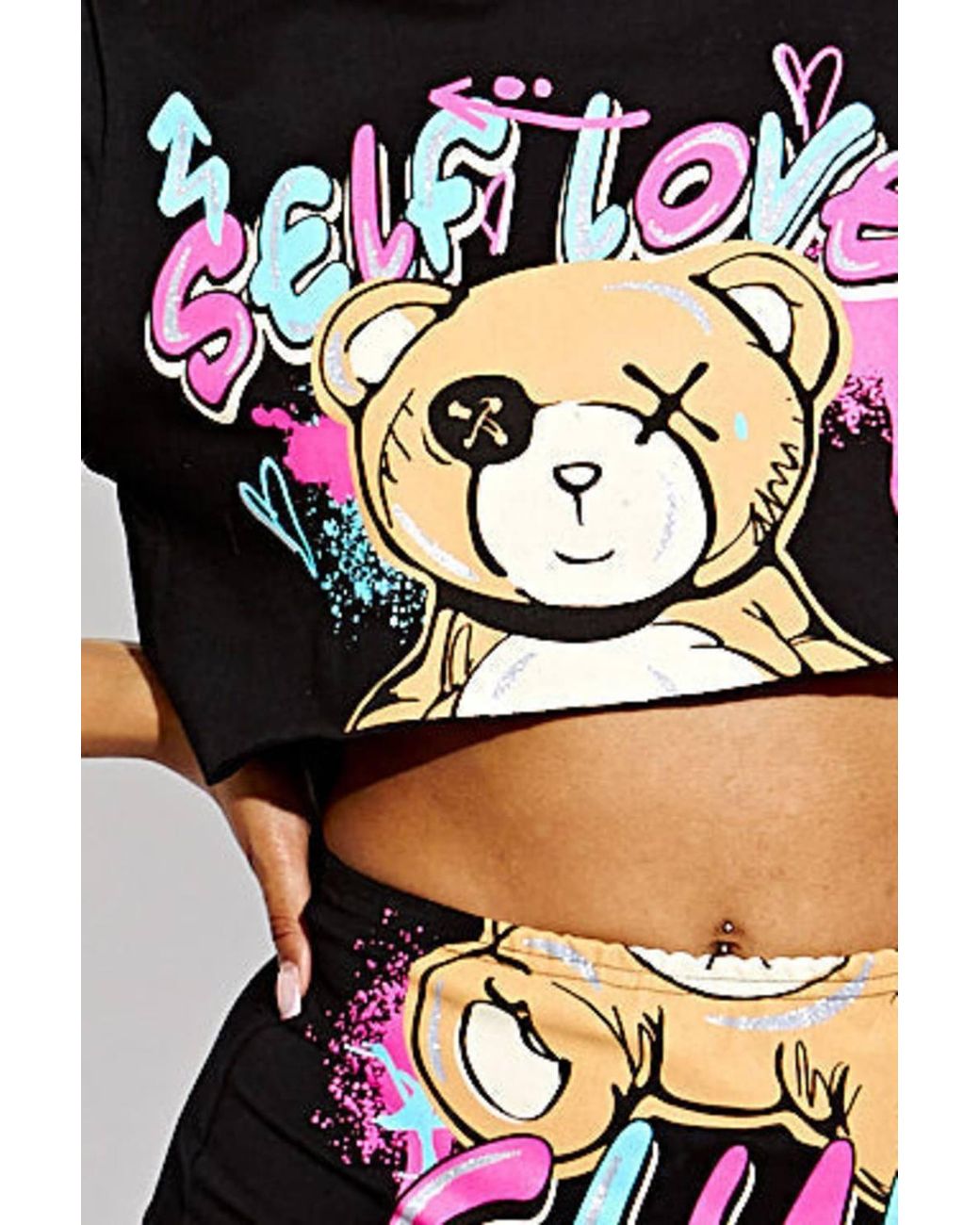 Stylewise Black Teddy Graphic Glitter Print