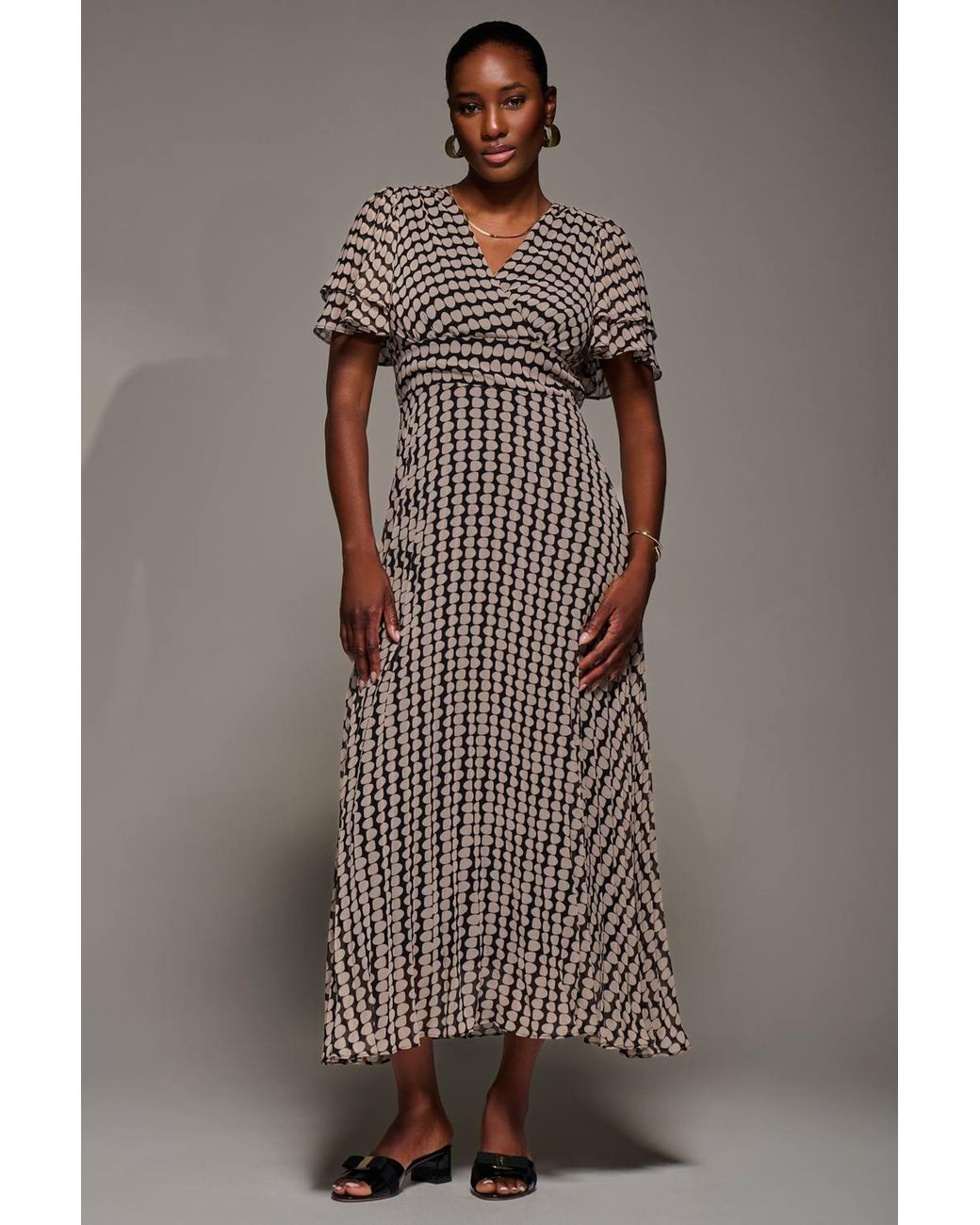 Jolie Moi Brown Chiffon Ruffle Sleeve Pleated Maxi Dress