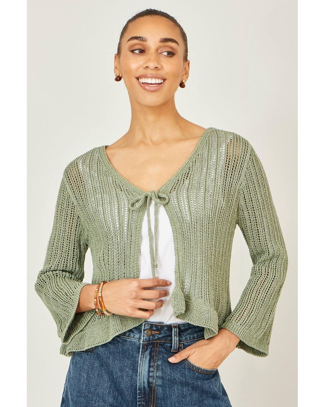 Yumi' Green Tie Front Pointelle Cardigan