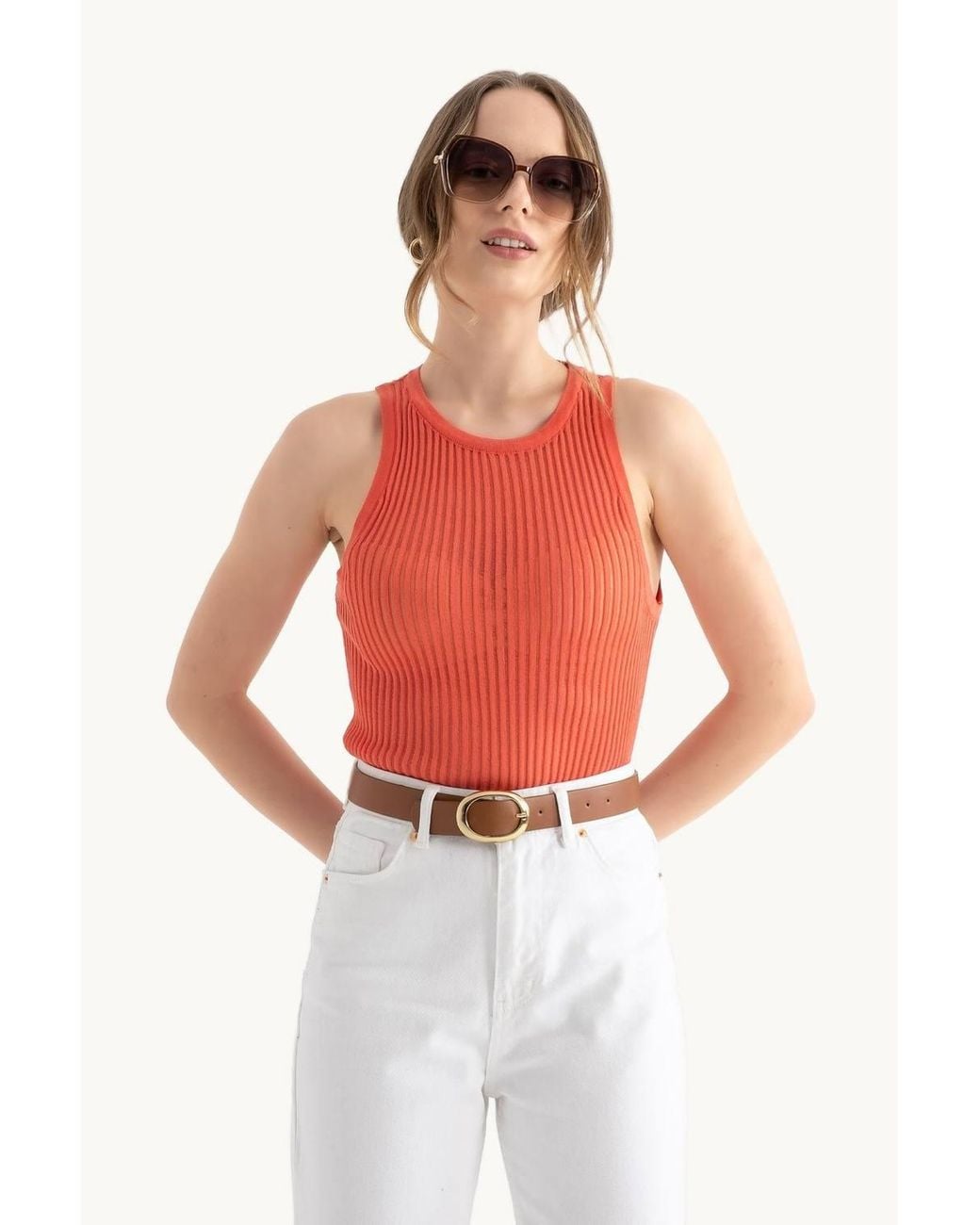 Hiccup Red Round Neck Ribbed Mesh Tank Top