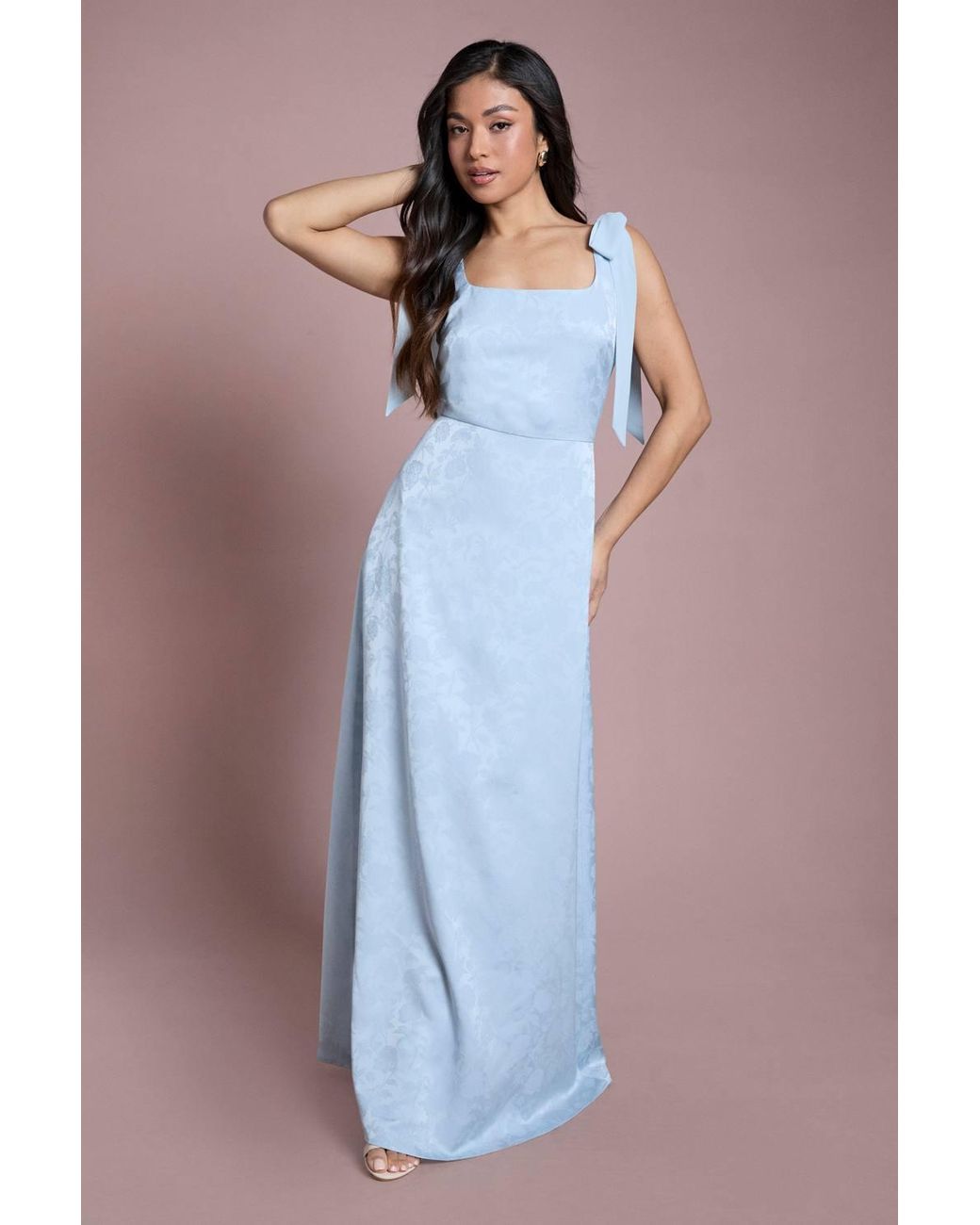 Oasis Blue Petite Square Neck Chiffon Tie Shoulder Satin Jacquard Bridesmaid Maxi Dress