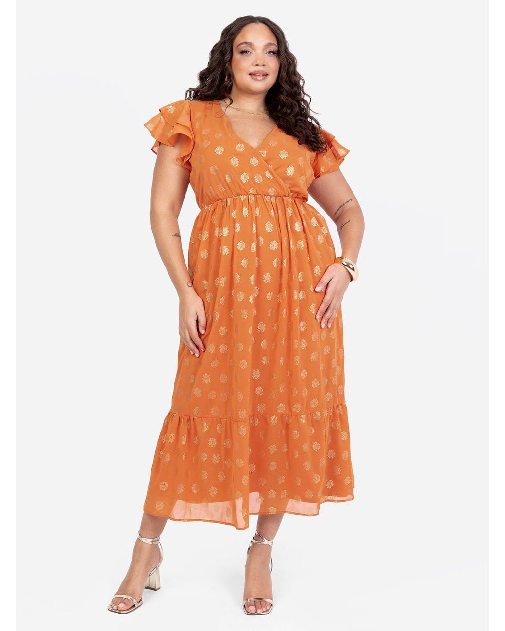 Lovedrobe Orange V Neck & Flutter Sleeve Metallic Midi Dress