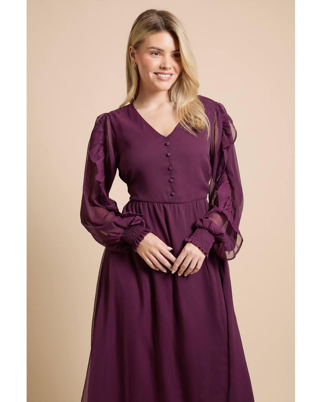 Dorothy Perkins Purple Ruffle Sleeve V Neck Chiffon Maxi Dress