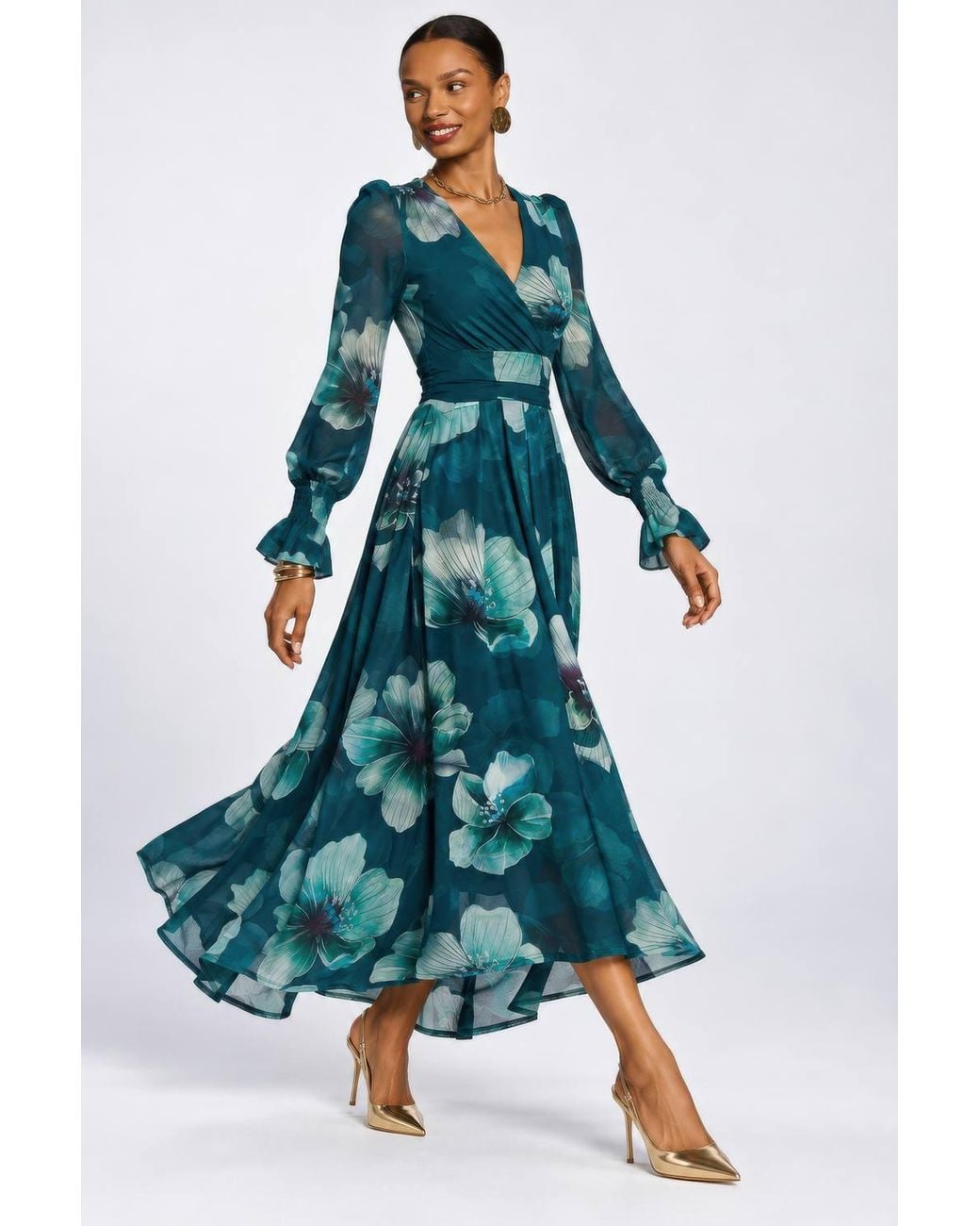 Jolie Moi Blue Long Sleeve V Neck Mesh Maxi Dress