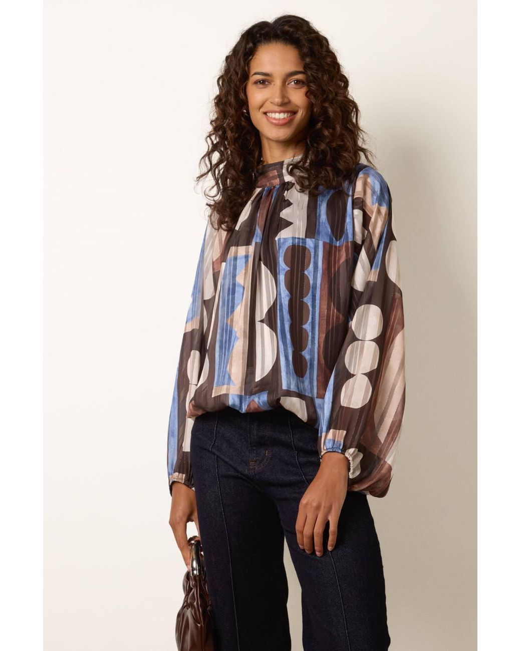 Blue Vanilla Brown Long Sleeve Round Neck Blouse