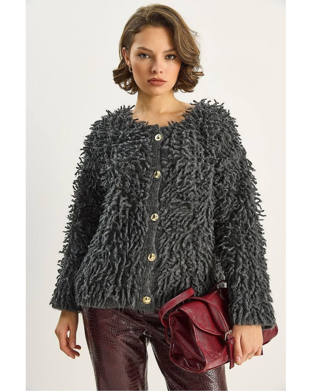 Bianco Lucci Black Textured Button-Up Cardigan
