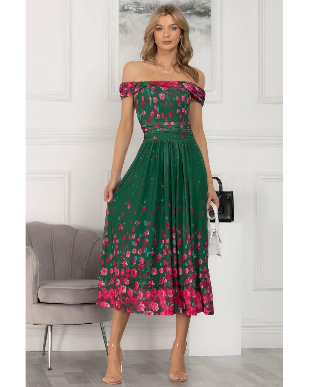 Jolie Moi Green Oliana Mesh Bardot Neckline Dress
