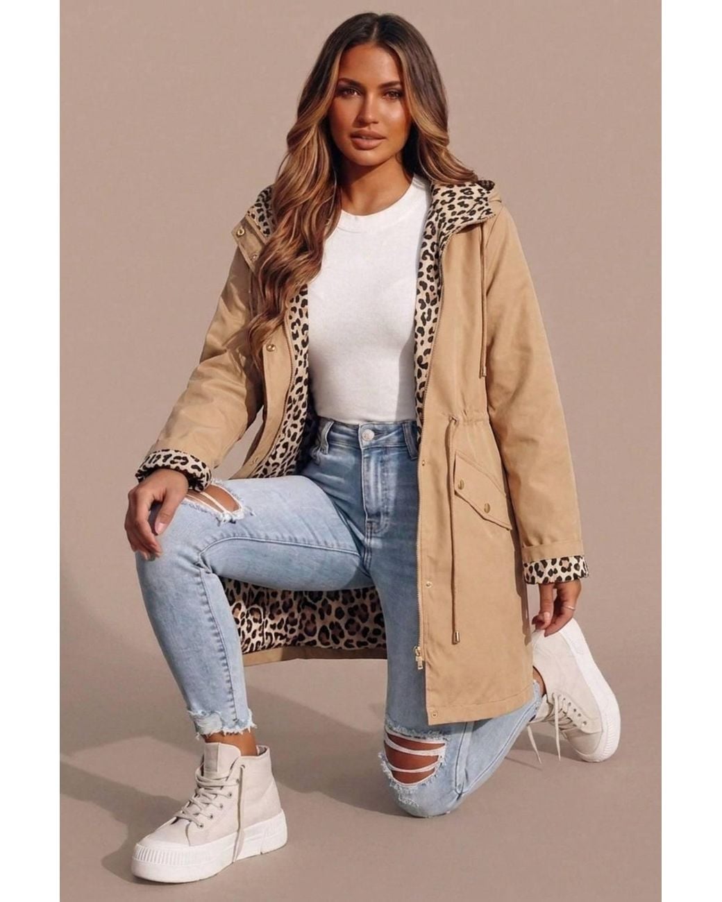 Femme Luxe Natural Parka With Leopard Print Lining Hooded Jacket