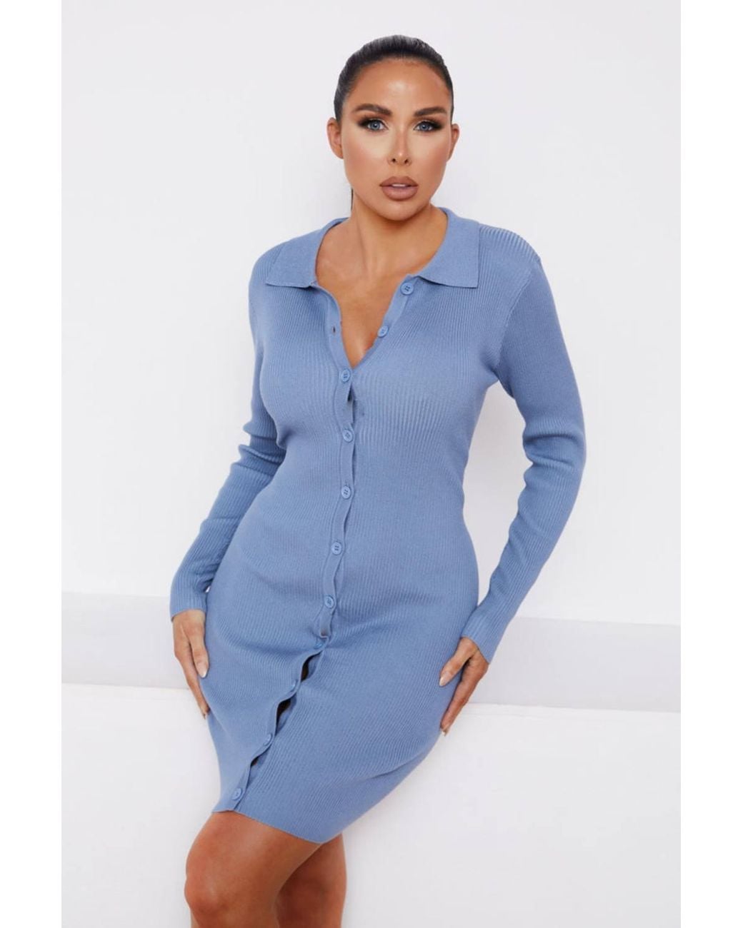 Femme Luxe Blue Ribbed Long Sleeve Button Up Bodycon Mini Dress