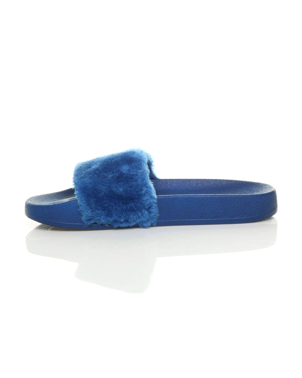 AJVANI Blue Flat Heel Faux Fur Flip Flop Sandals Sliders