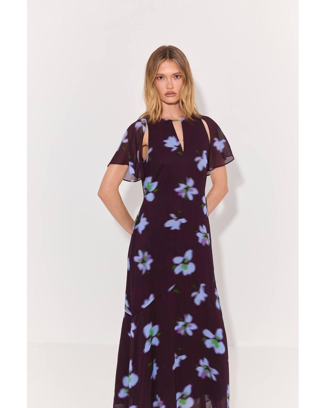 Warehouse White Flared Sleeve Cut Out Asymmetric Hem Floral Print Midaxi Dress