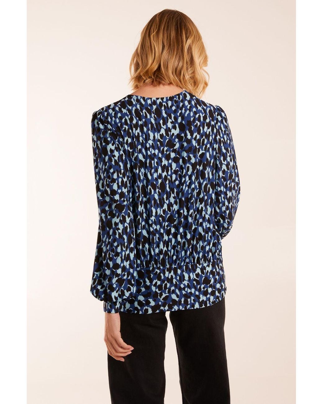 Blue Vanilla Blue Wrap Front Geometric Deep Hem Band Top