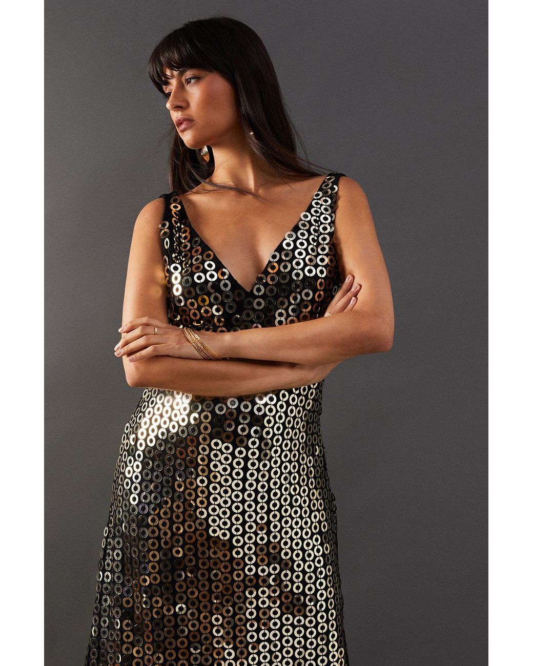Warehouse Black Hand Embellished Disk Sequin High Apex Midi Dress